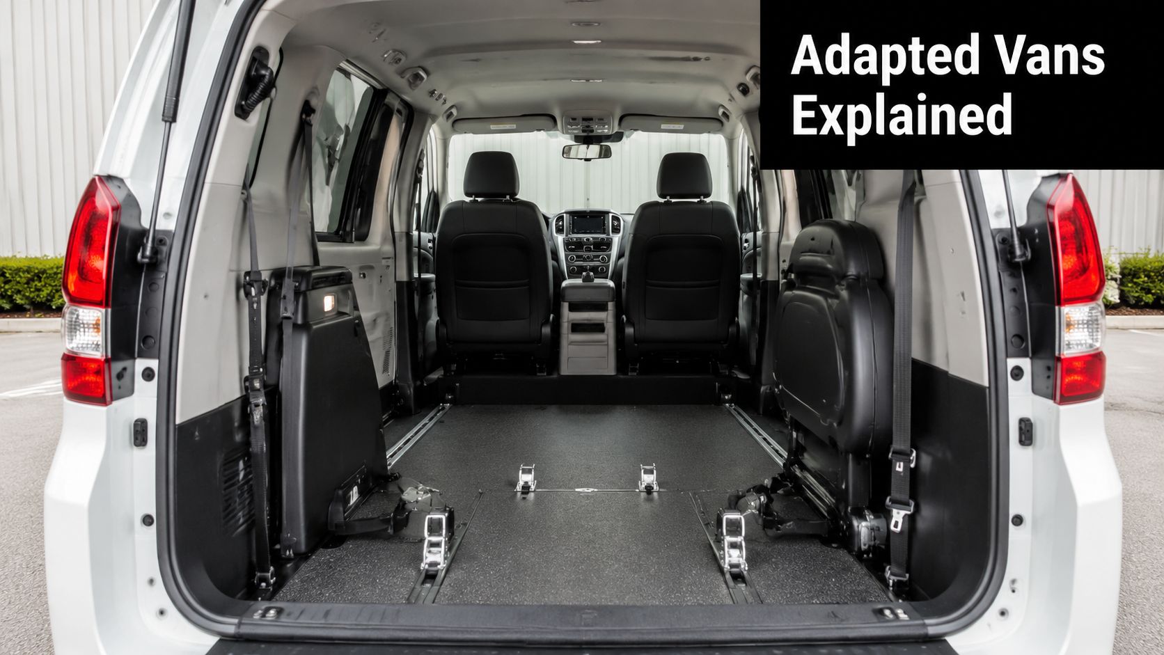 The interior of a wheelchair-accessible van with empty floor space and securement tracks for mobility devices.