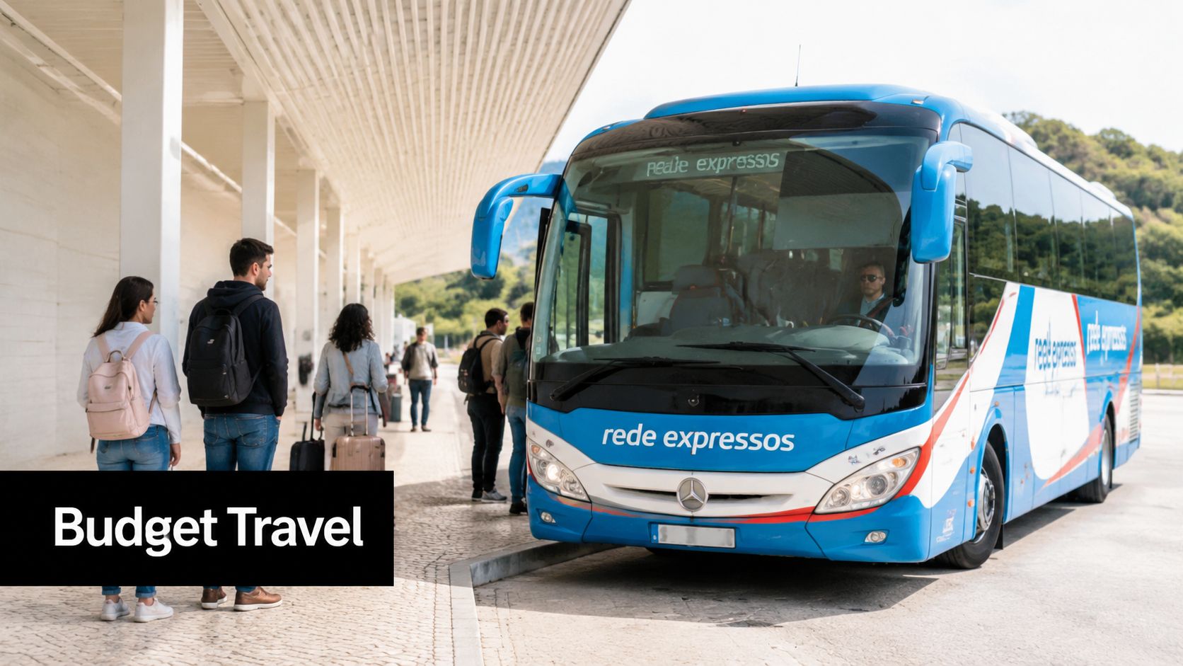 Passengers waiting to board a Rede Expressos coach bus at a terminal station for budget travel.