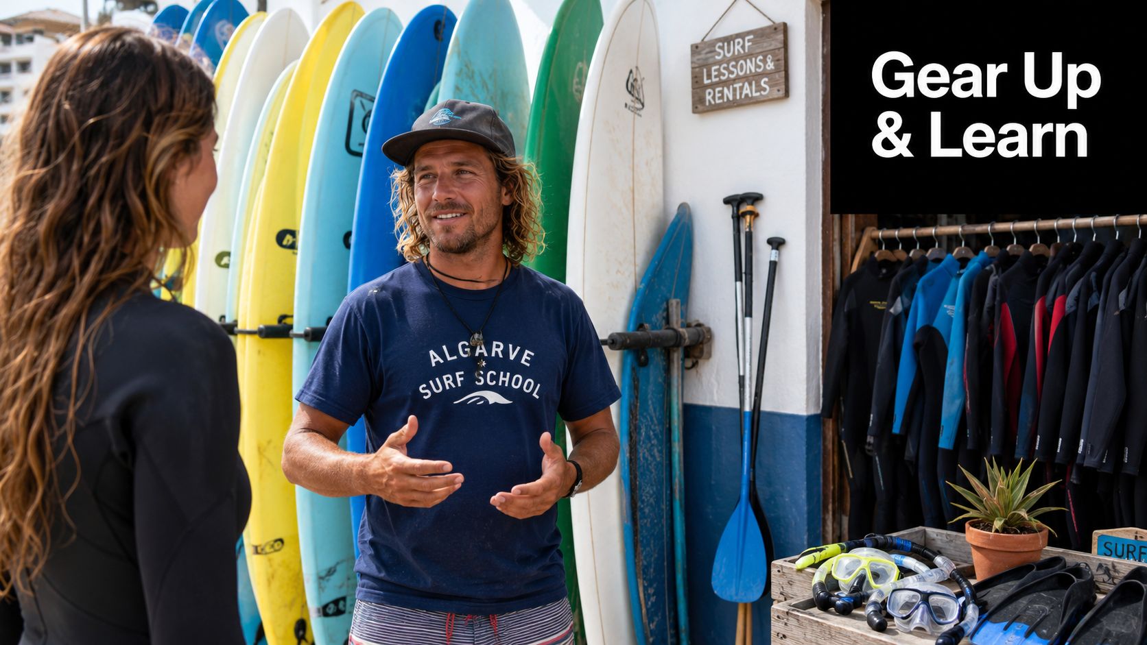 A surf instructor wearing an Algarve Surf School shirt speaks with a client near surfboards and wetsuits.