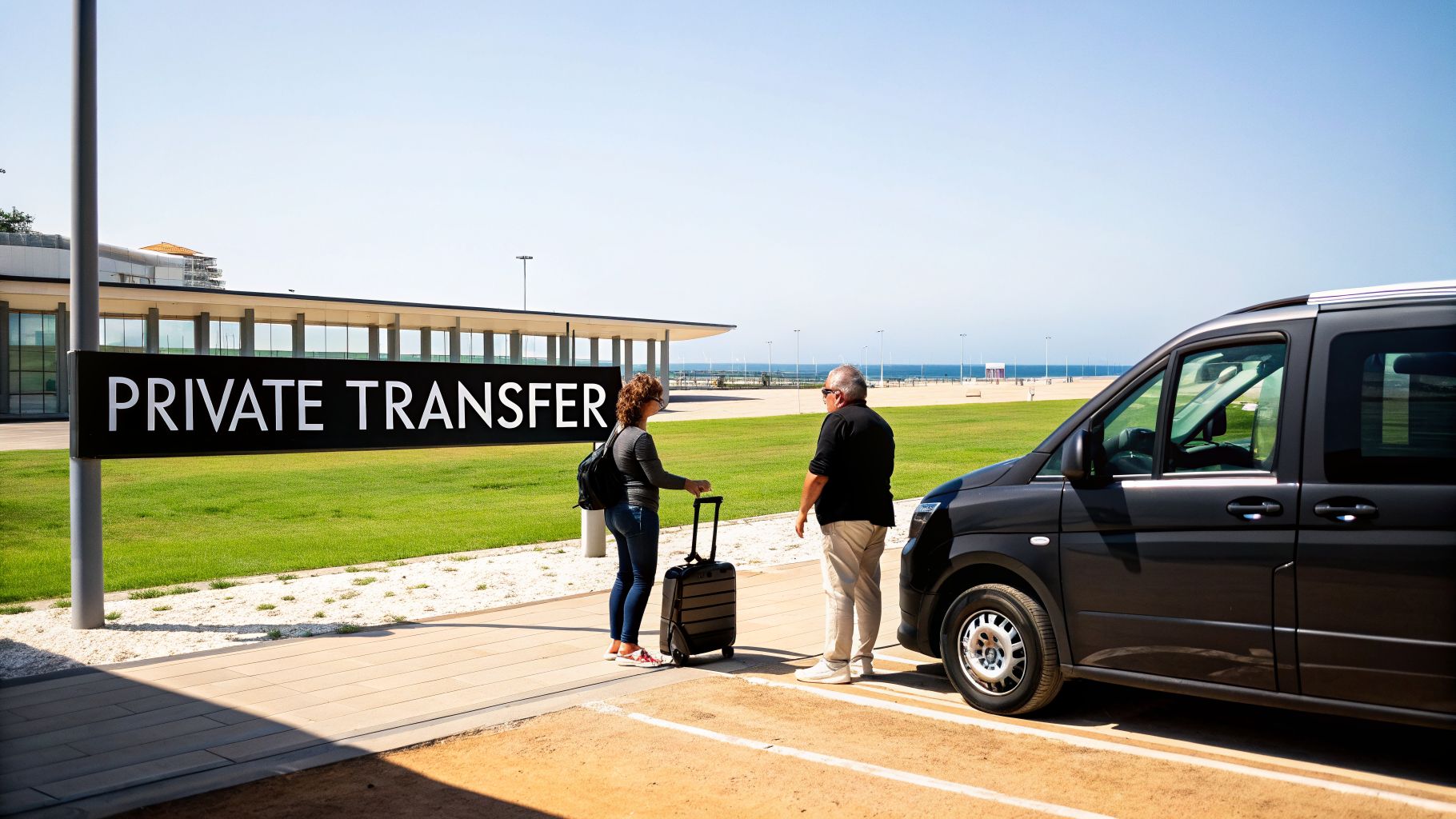 A woman with a suitcase and a man standing next to a black private transfer van at an airport.