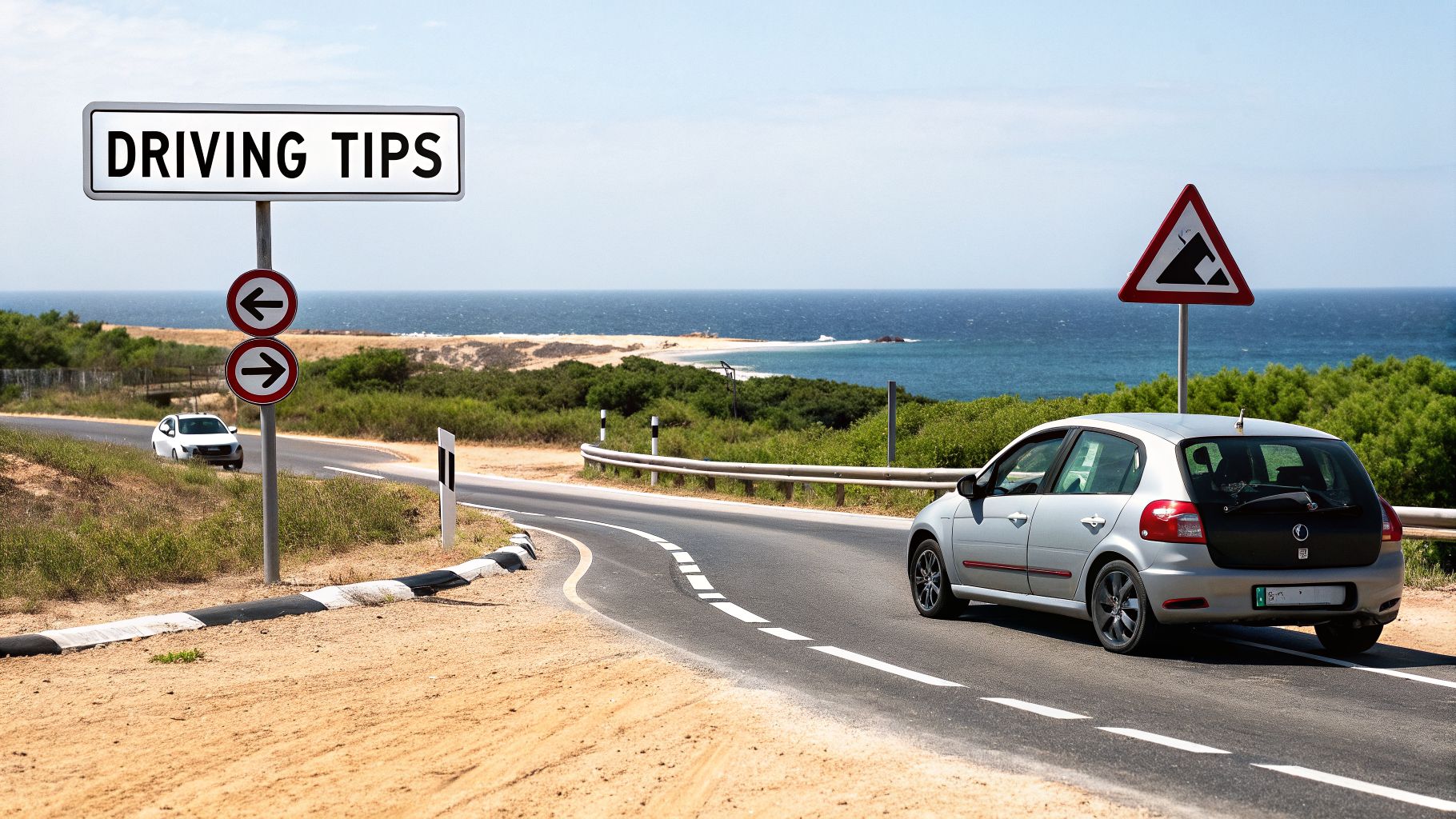 A car drives on a coastal road past 'DRIVING TIPS' and a falling rocks sign, overlooking the ocean.