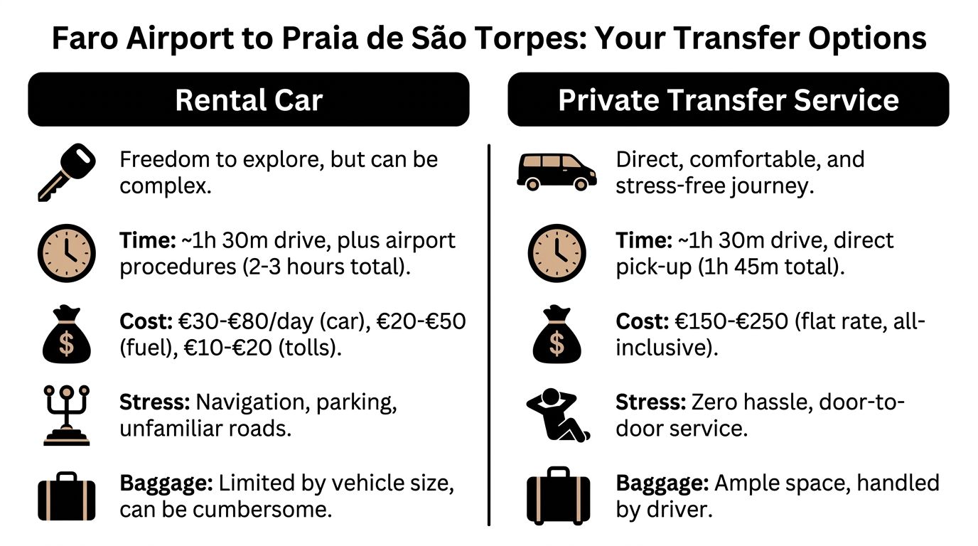 A comparison chart showing rental car versus private transfer options from Faro Airport to Praia de Sao Torpes.