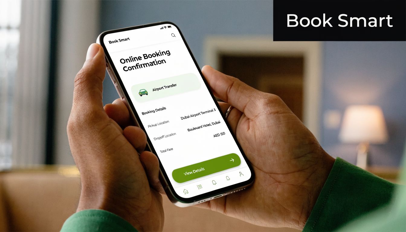 A person holding a smartphone showing an online airport transfer booking confirmation screen for a Dubai hotel.