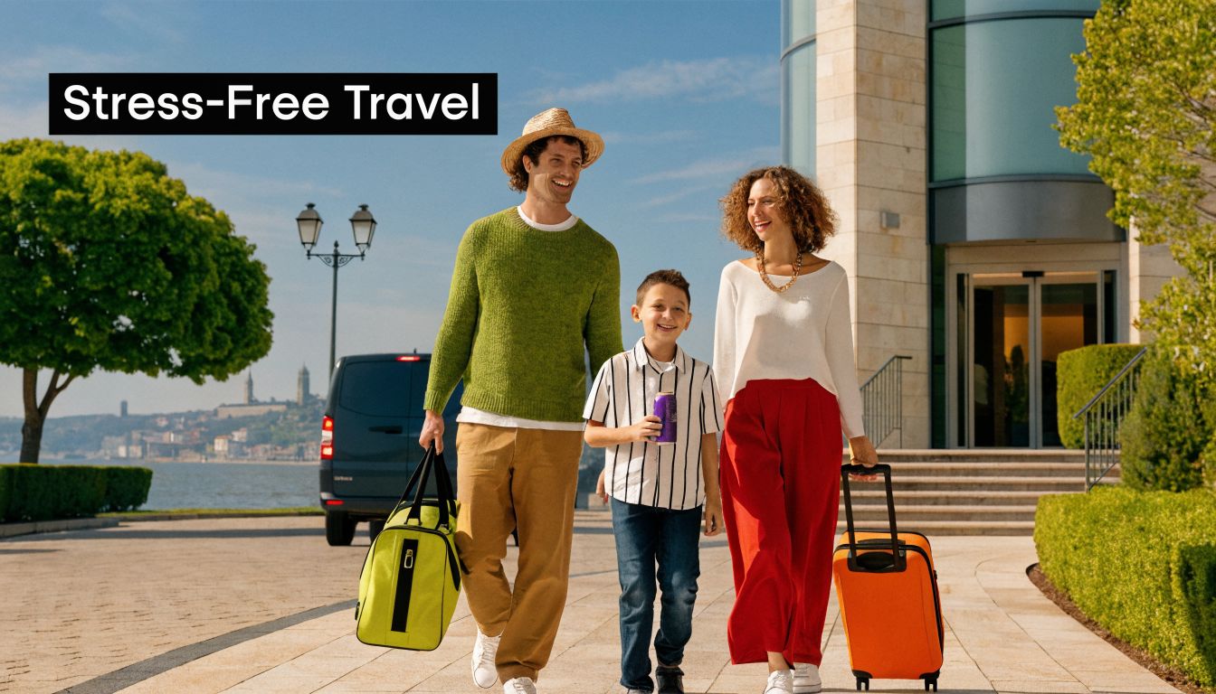 A happy family walking together outside a building, carrying luggage, enjoying a stress-free travel experience.