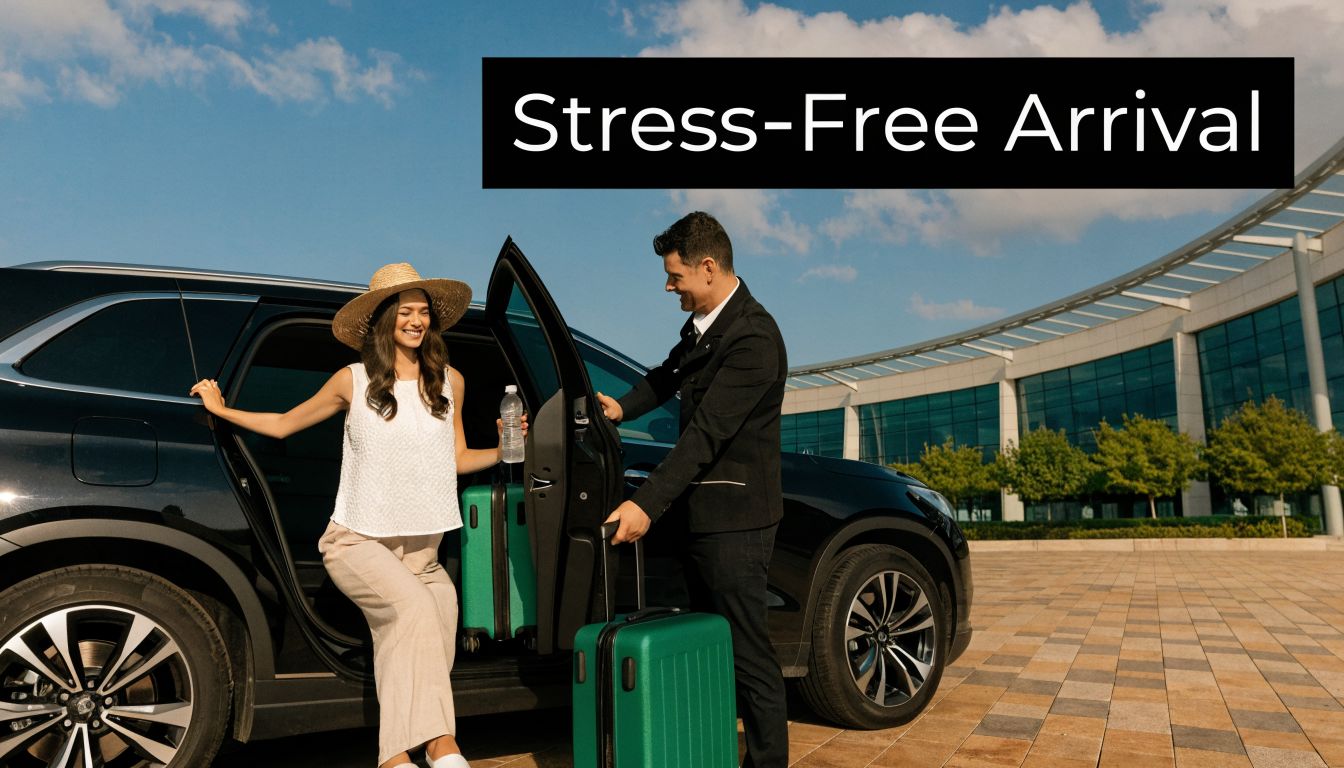 A smiling woman getting out of a luxury car while a driver assists with green luggage.
