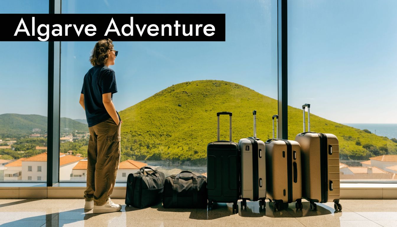 A person standing by an airport window looking at a green hill with several pieces of luggage.