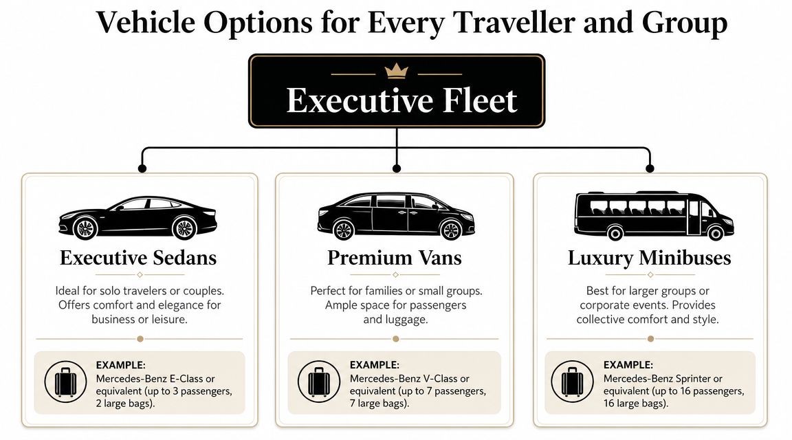 Infographic showing three executive vehicle fleet options for Faro airport transfers: sedans, premium vans, and luxury minibuses.