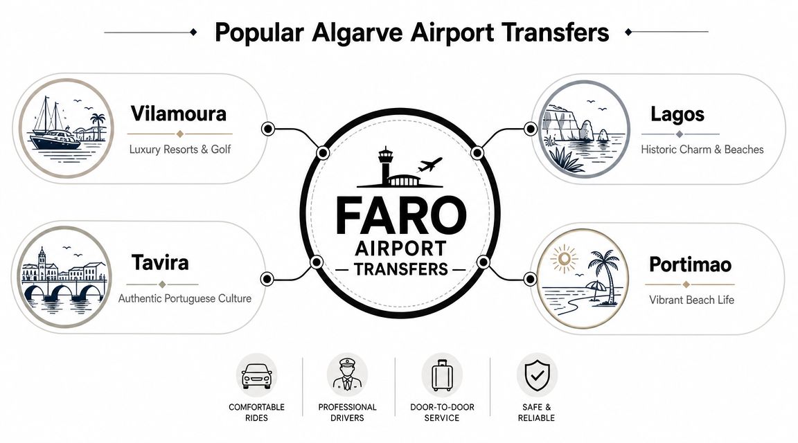 An infographic showing popular transfer destinations from Faro Airport, highlighting locations like Vilamoura, Lagos, Tavira, and Portimao.
