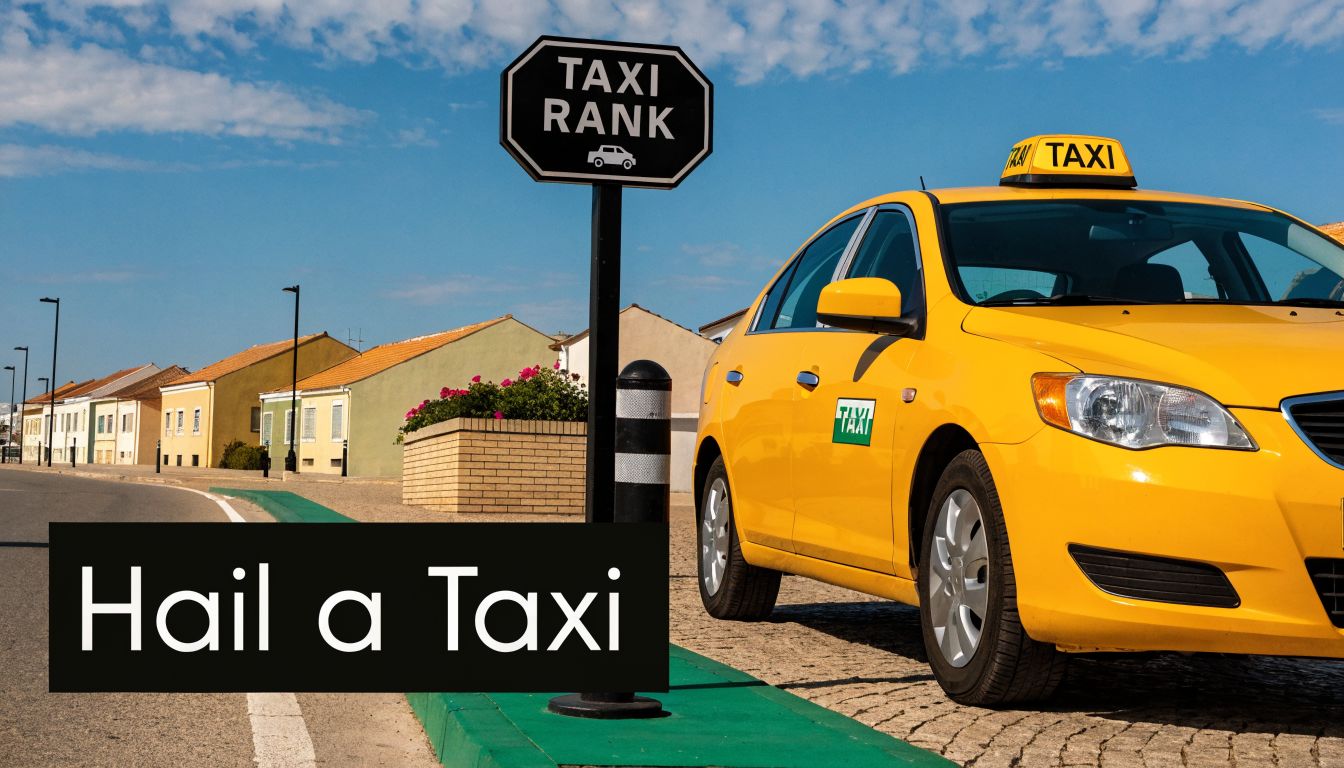 A yellow taxi parked at a designated taxi rank stand on a sunny day in Monte Gordo.