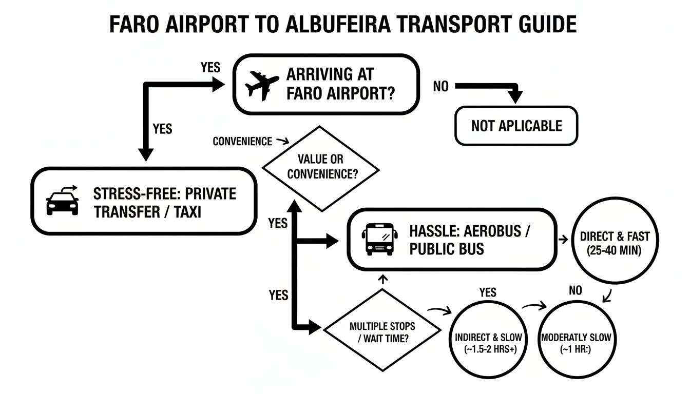 Flowchart guiding transport options from Faro Airport to Albufeira, comparing private and public services.