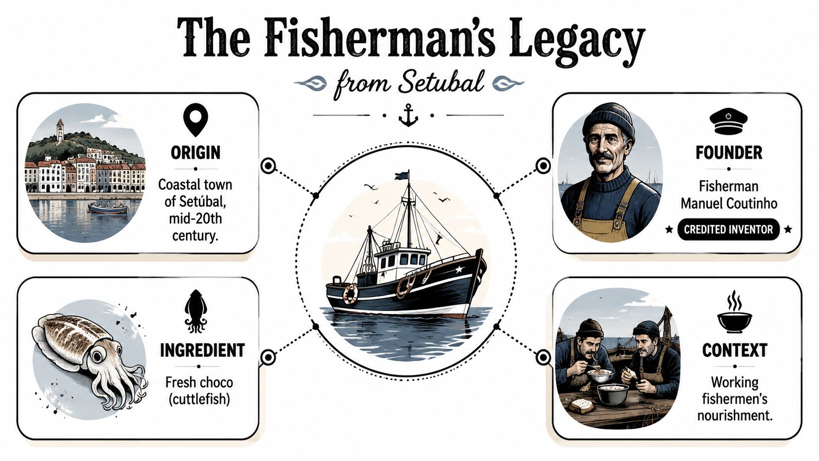 An infographic detailing the history and ingredients of the famous Setubal fried cuttlefish dish, Choco Frito.