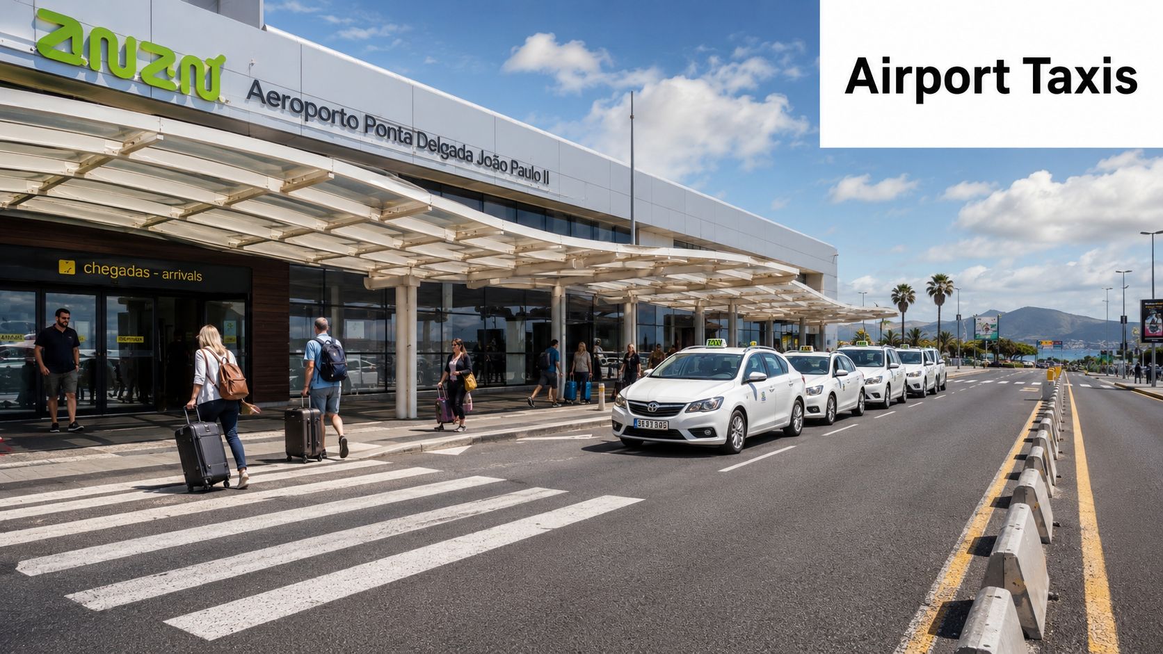 Passengers walking out of Ponta Delgada João Paulo II Airport with suitcases towards a line of taxis.