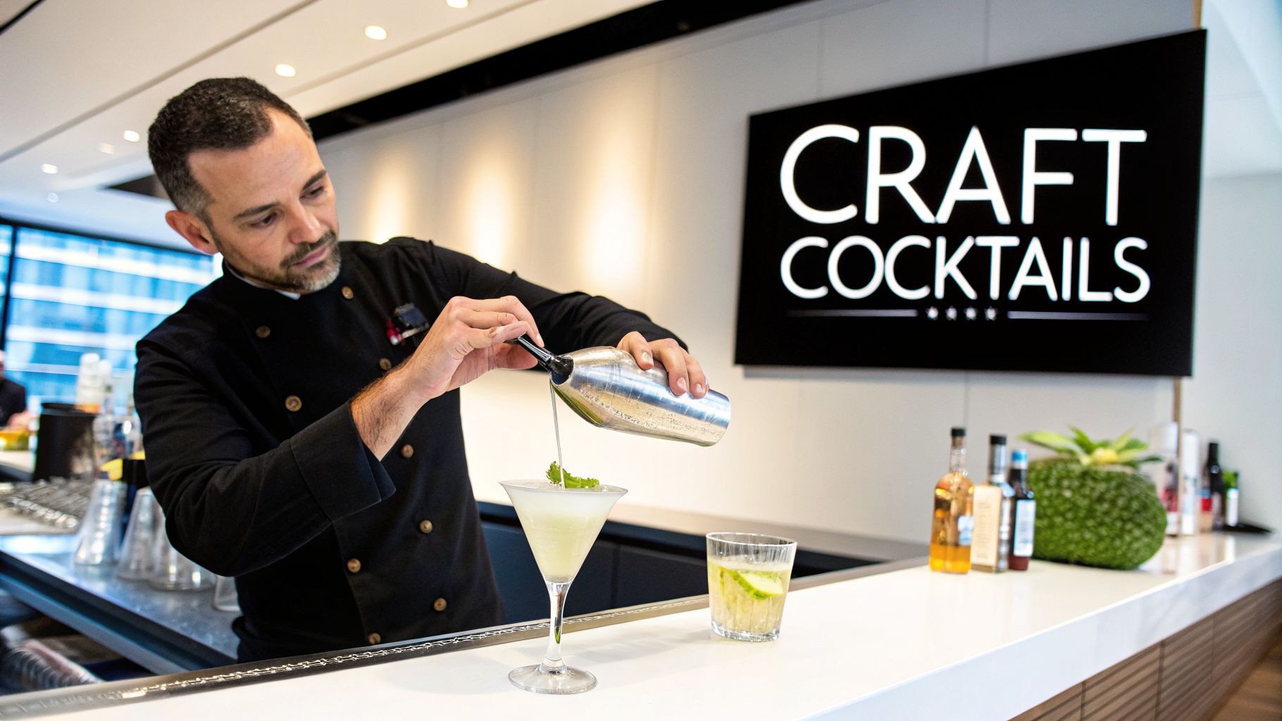 A professional bartender in a black jacket pouring a craft cocktail into a martini glass at a modern bar.