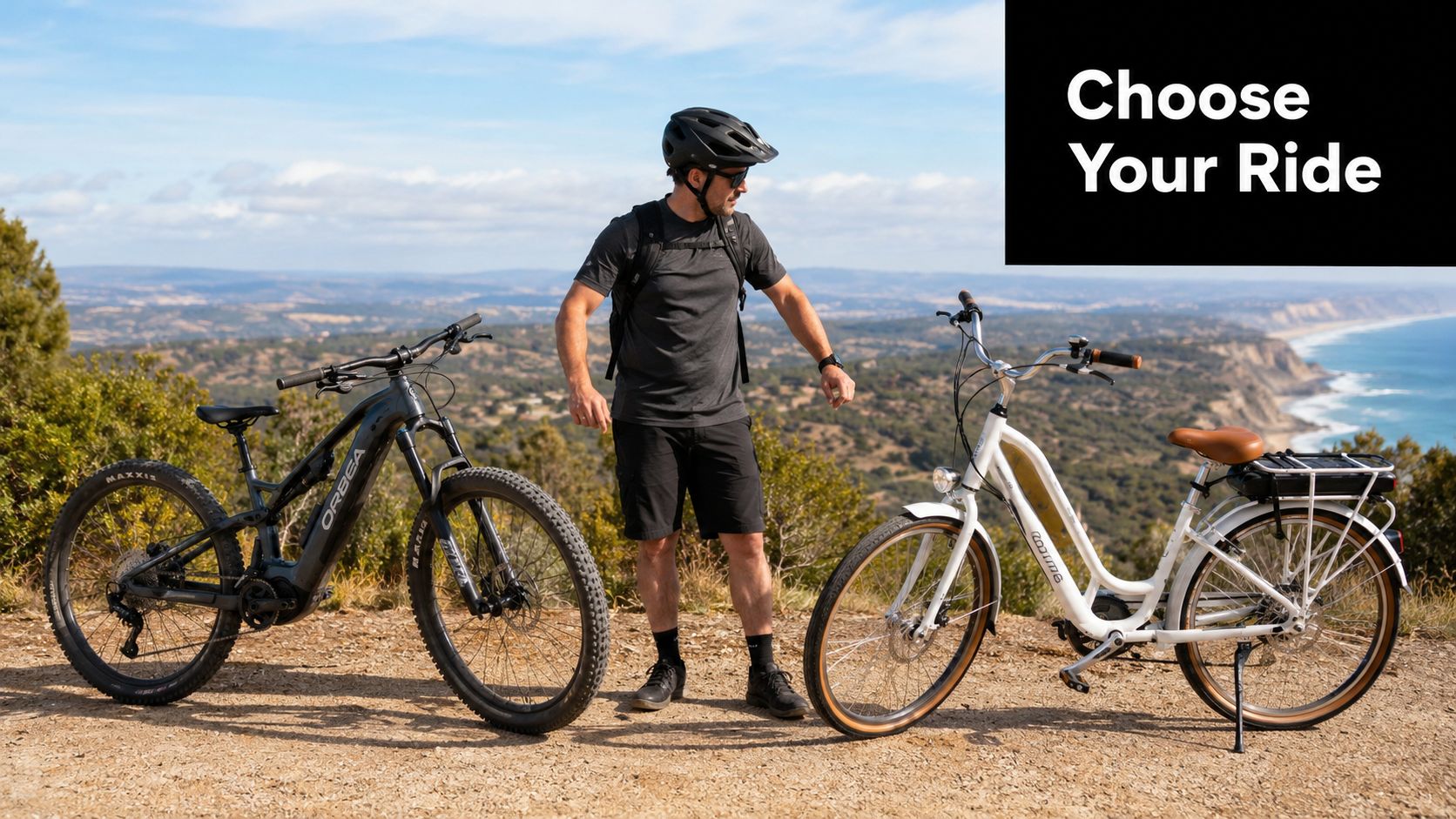 A cyclist stands on a hill deciding between a mountain e-bike and a white cruiser e-bike.