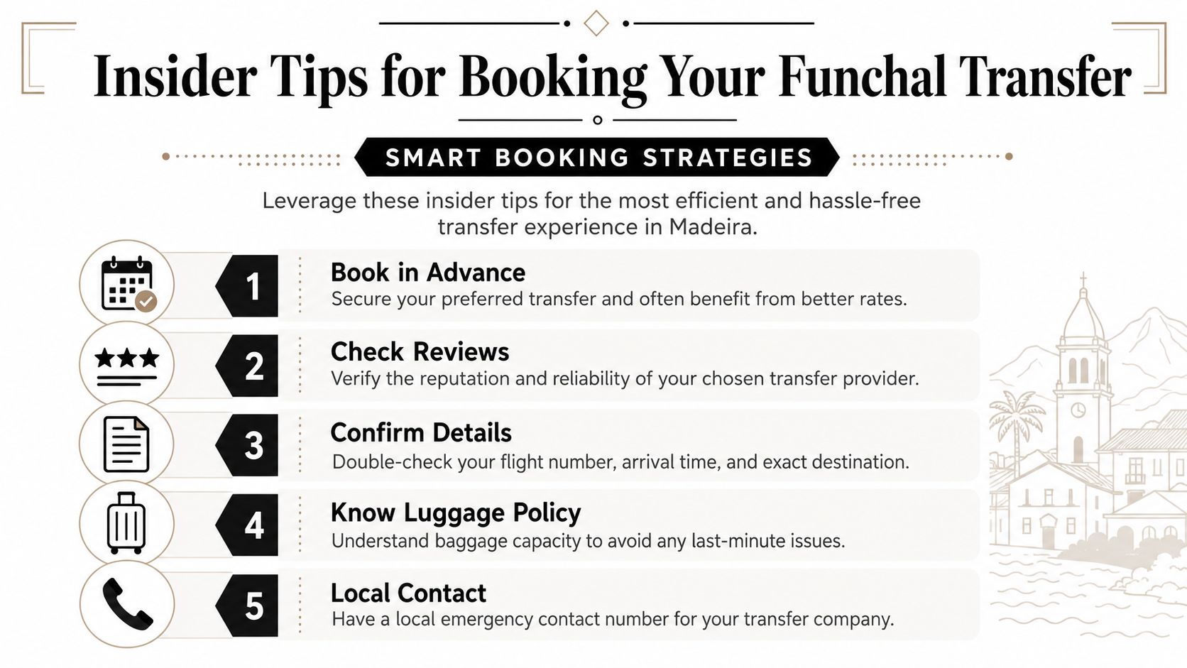 A helpful infographic listing five smart strategies for booking an airport transfer in Funchal, Madeira.