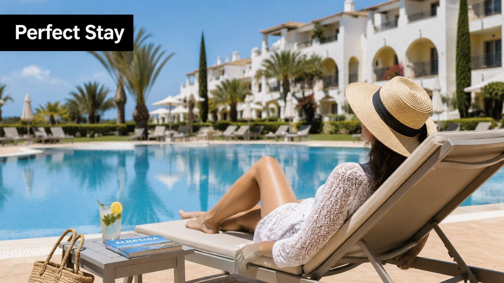 A woman in a sun hat relaxes on a lounge chair by a hotel pool in Albufeira.