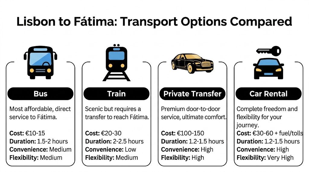 A comparison chart showing transport options from Lisbon to Fátima, including bus, train, private transfer, and rental car.
