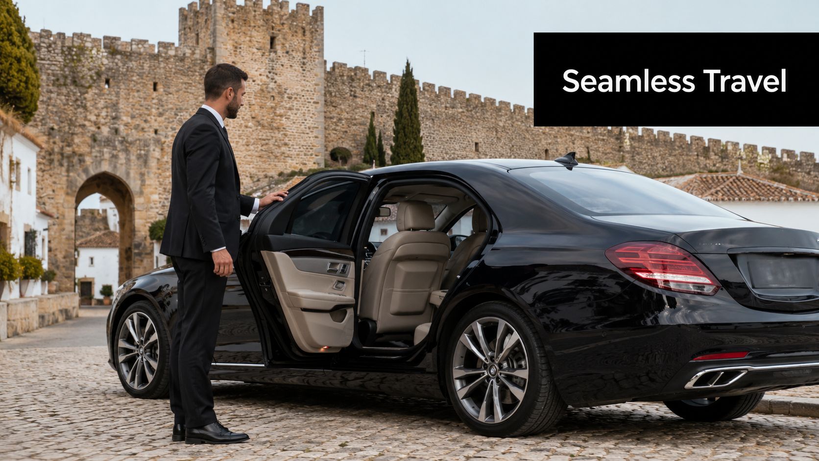 A professional chauffeur opens the door of a luxury black car in front of a stone fortress.