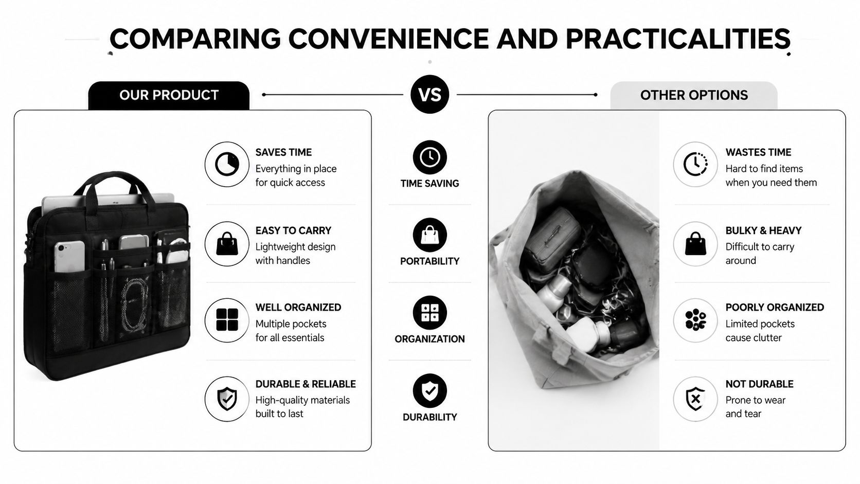 A comparison chart highlighting the convenience and organizational benefits of a structured bag versus a messy tote.