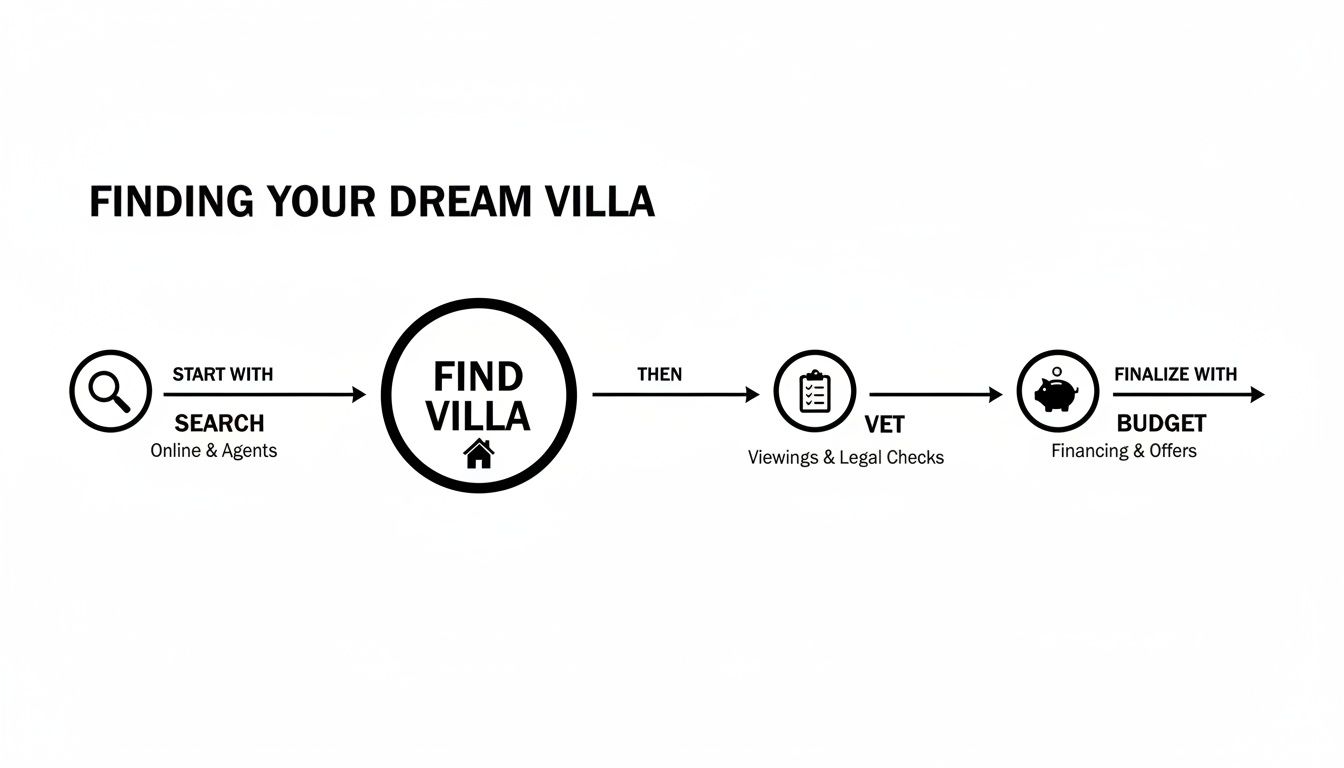 Flowchart illustrating the steps to find and finalize a dream villa purchase, including search, vetting, and budgeting.