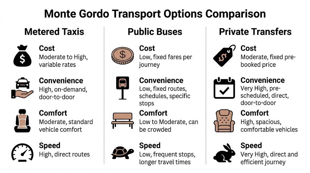 A comparison chart showing the costs, convenience, comfort, and speed of metered taxis, public buses, and private transfers.
