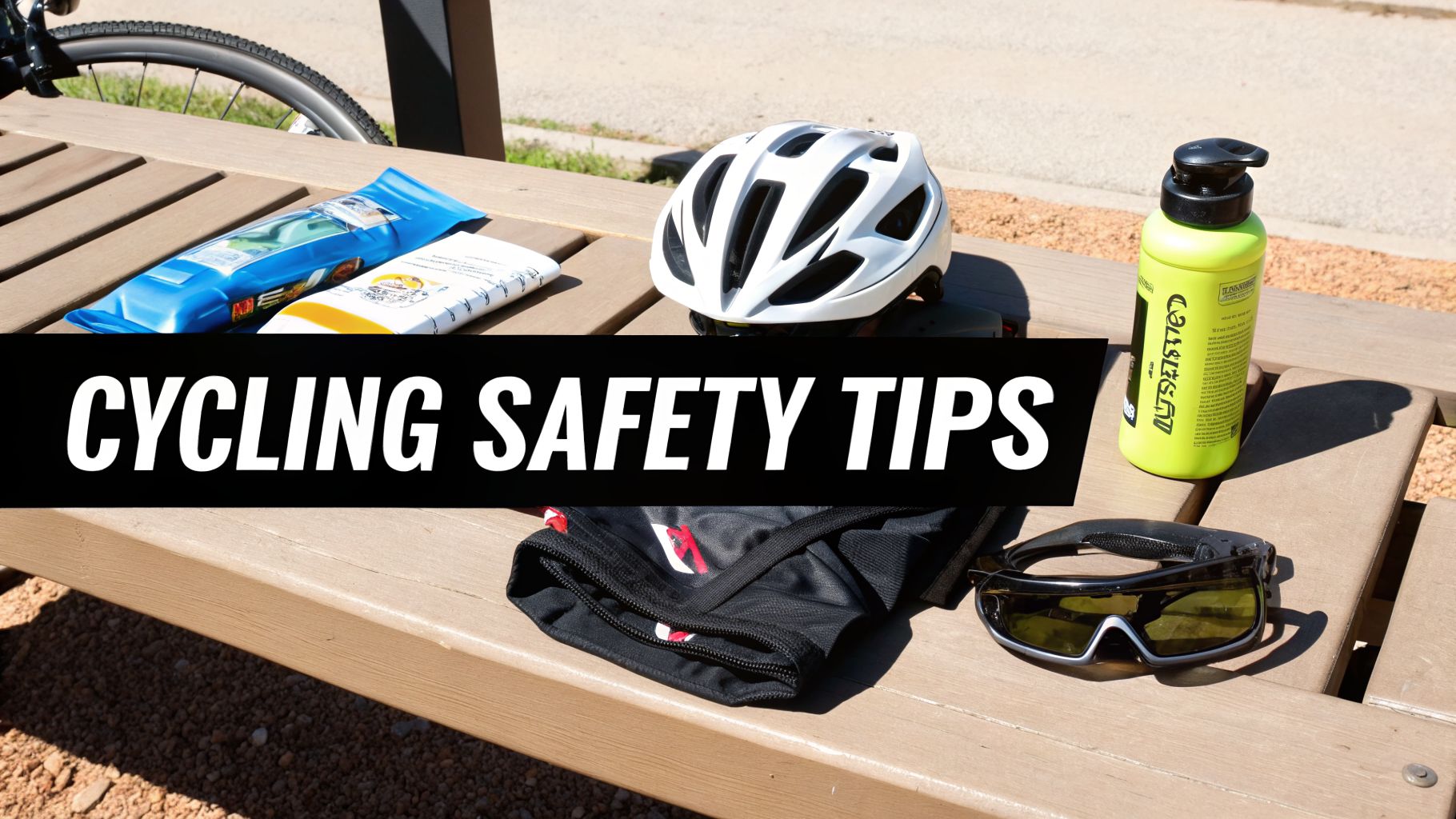 A white cycling helmet, water bottle, sunglasses, and cycling gear on a bench with a 'Cycling Safety Tips' banner.