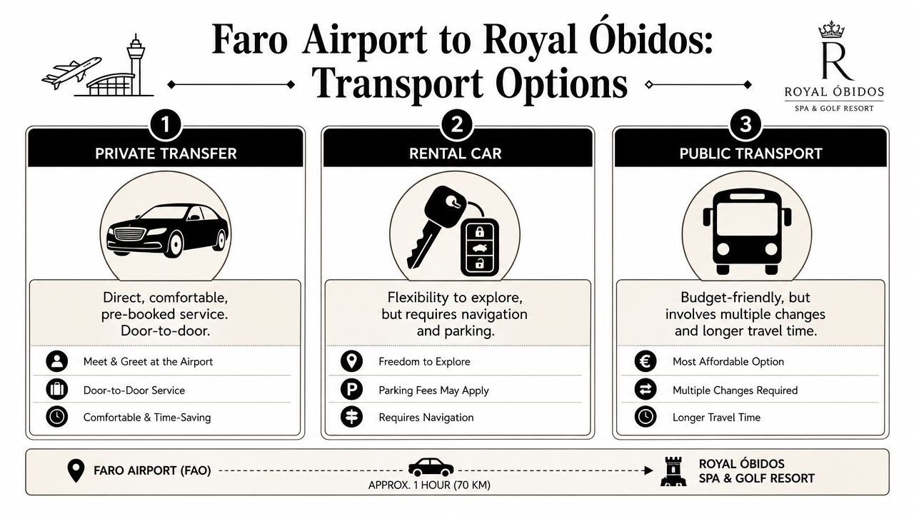 A travel guide infographic showing three transport options from Faro Airport to Royal Óbidos Spa and Golf Resort.