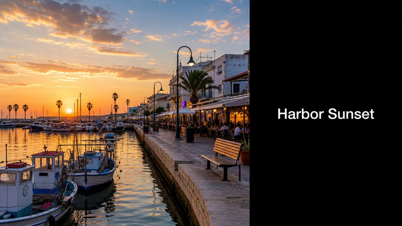 A scenic sunset over a Mediterranean harbor with traditional fishing boats docked along a paved promenade.
