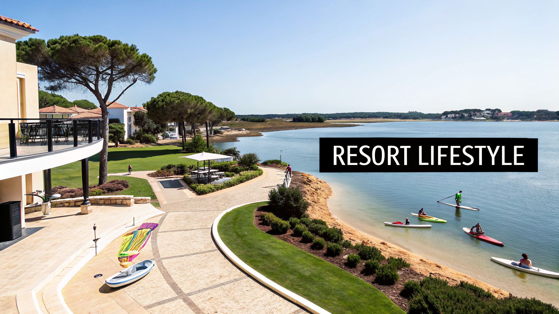 People enjoy kayaking and paddleboarding on a calm lake beside a beautiful luxury resort with green lawns.
