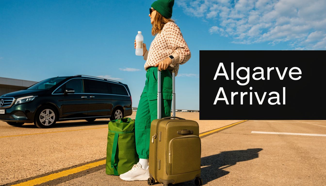A woman stands with her luggage on an airport tarmac beside a black Mercedes van in Algarve.
