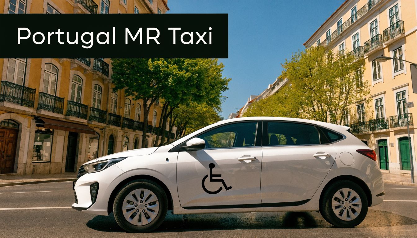 A white car equipped with a wheelchair symbol for accessible transportation services on a street in Portugal.