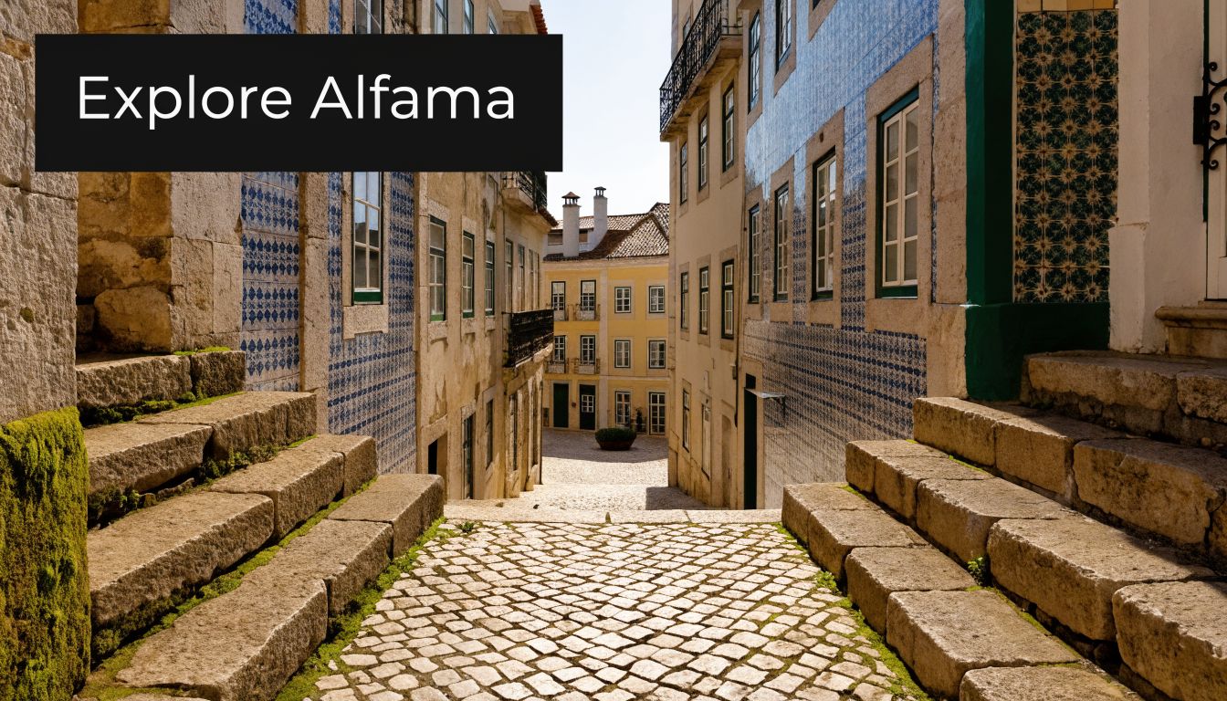 A picturesque narrow cobblestone street in the Alfama district of Lisbon, lined with historic buildings featuring traditional blue tiles.