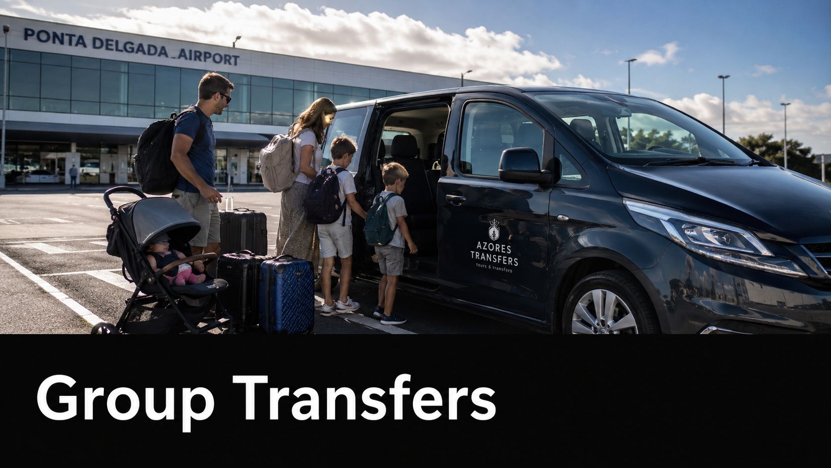 A family loading their luggage into a black Azores Transfers van at Ponta Delgada Airport in Portugal.