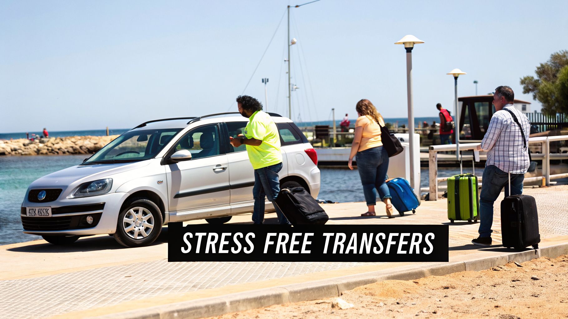 Passengers with luggage by a silver transfer car at a sunny pier, ready for stress-free travel.