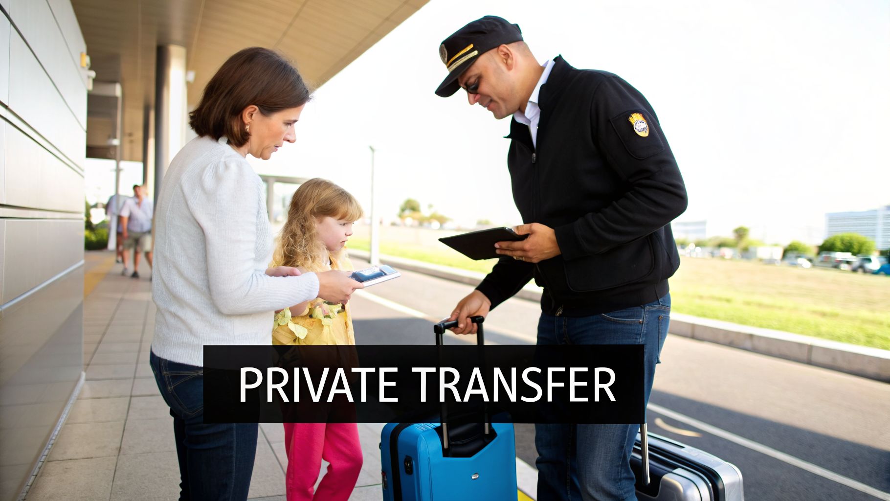 A uniformed driver assists a mother and young child with luggage for a private transfer service at an airport.