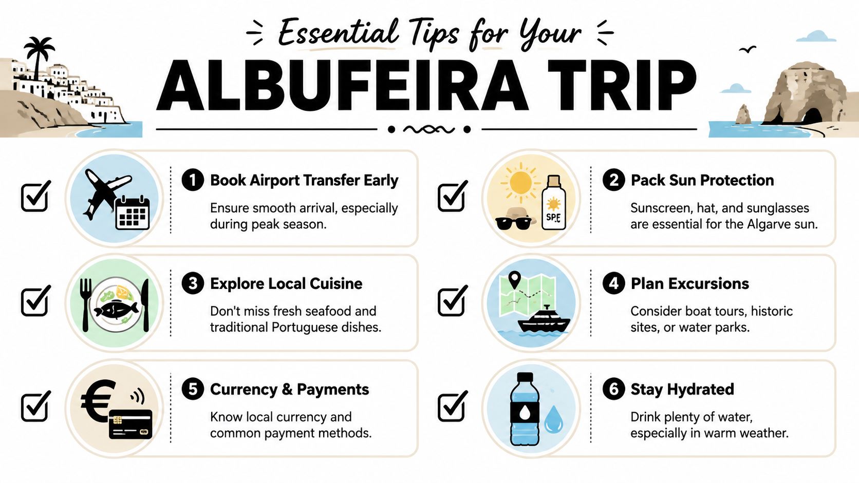 A travel infographic titled Essential Tips for Your Albufeira Trip with six practical vacation advice points.