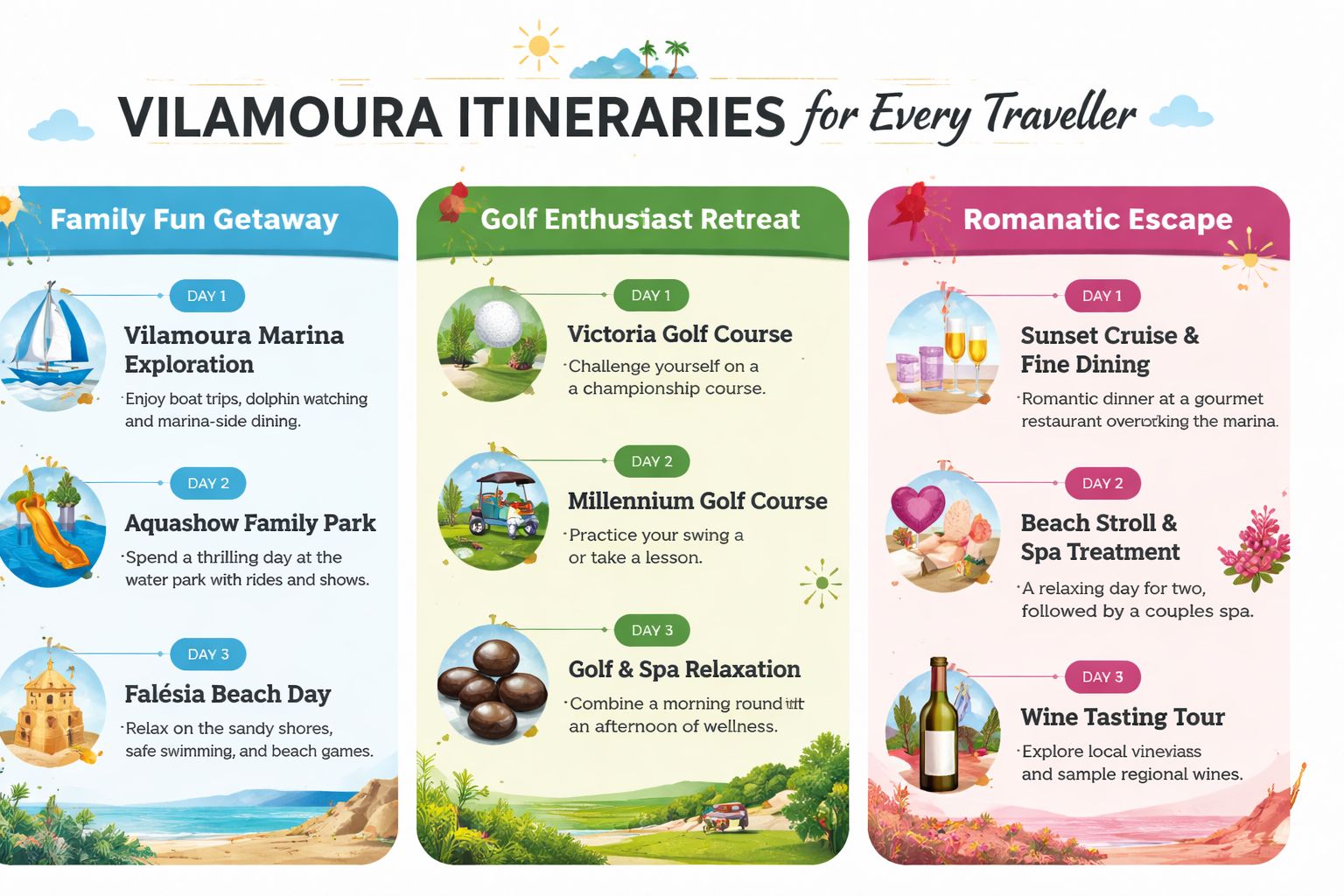 A visual guide showcasing three different three-day travel itineraries for families, golfers, and couples visiting Vilamoura, Portugal.