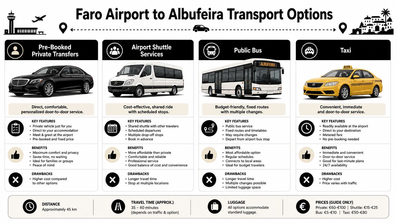An infographic showing various transport options for traveling from Faro Airport to Albufeira, including private transfers and buses.