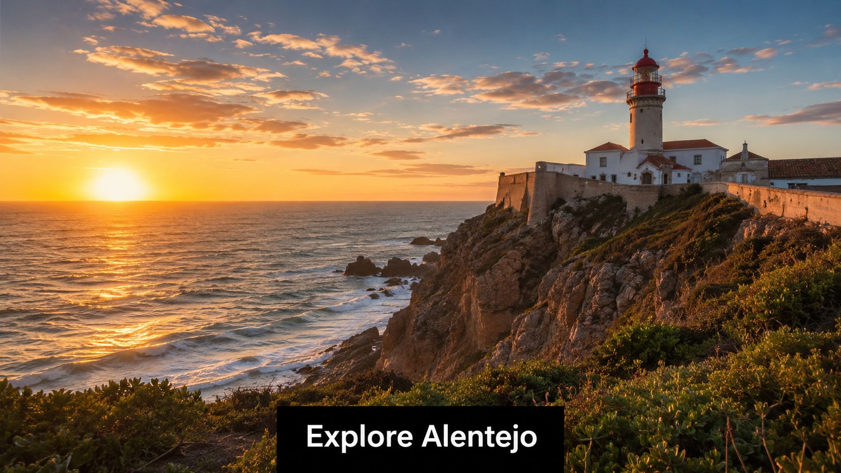 A scenic sunset over the rugged Atlantic coastline with a historic lighthouse atop rocky cliffs in Alentejo.
