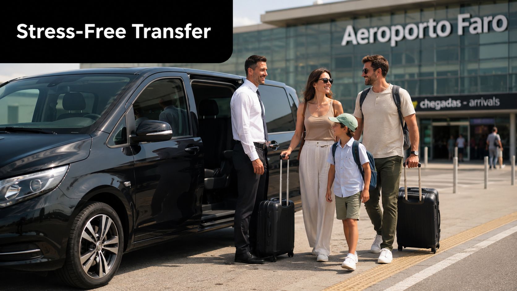 A professional chauffeur greeting a happy family at Faro airport next to their private transfer van.