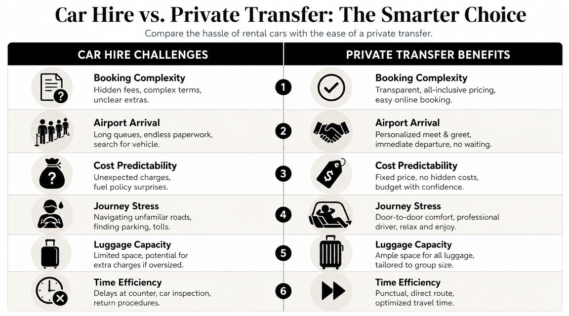A comparison chart outlining the pros and cons between car hire services and private transfer options.