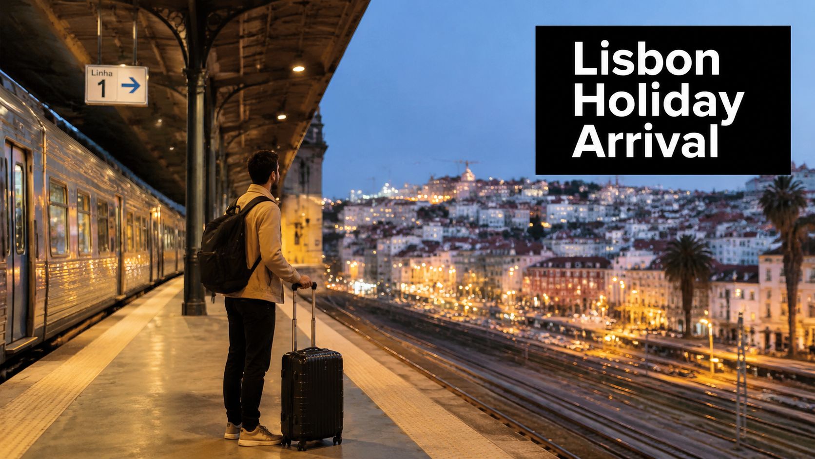 A traveler with a backpack and suitcase stands on a train platform overlooking the city of Lisbon.