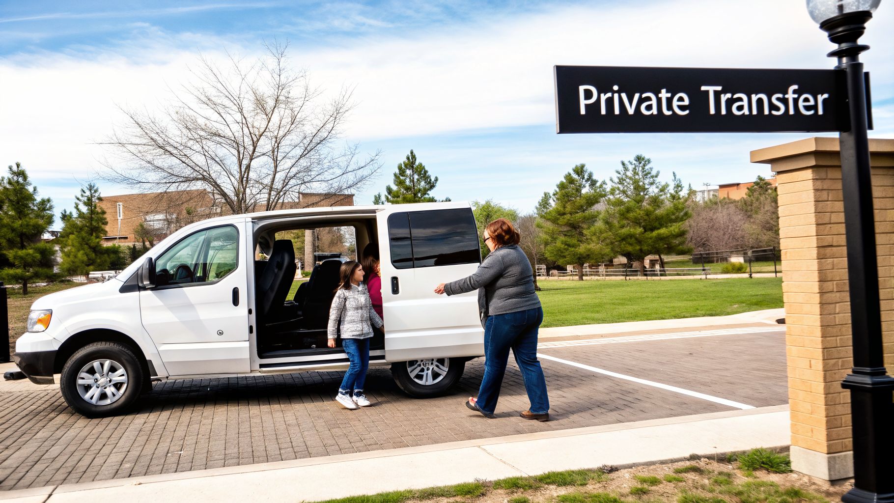 A woman helps two young girls get into a white 'Private Transfer' van.
