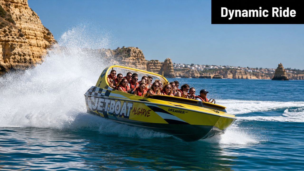 A yellow jet boat carrying passengers across the ocean near rocky cliffs on a sunny day.