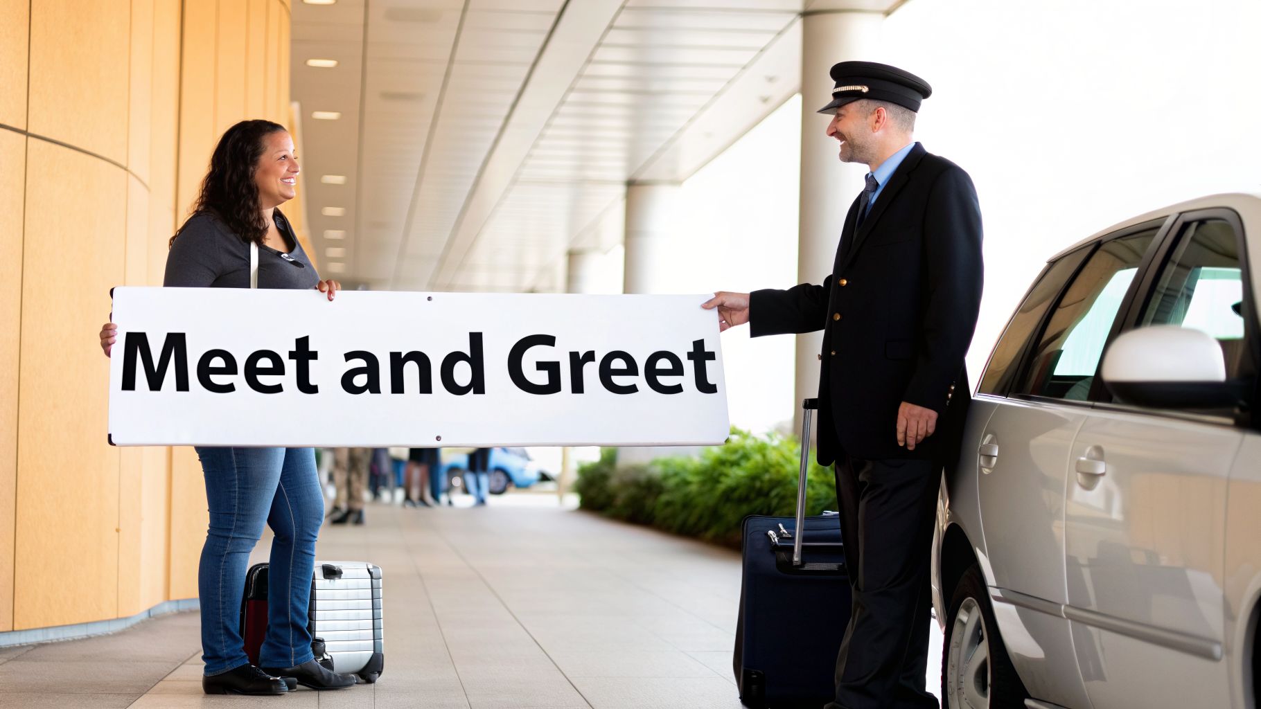 A smiling woman with a 'Meet and Greet' sign is greeted by a chauffeur at the airport.