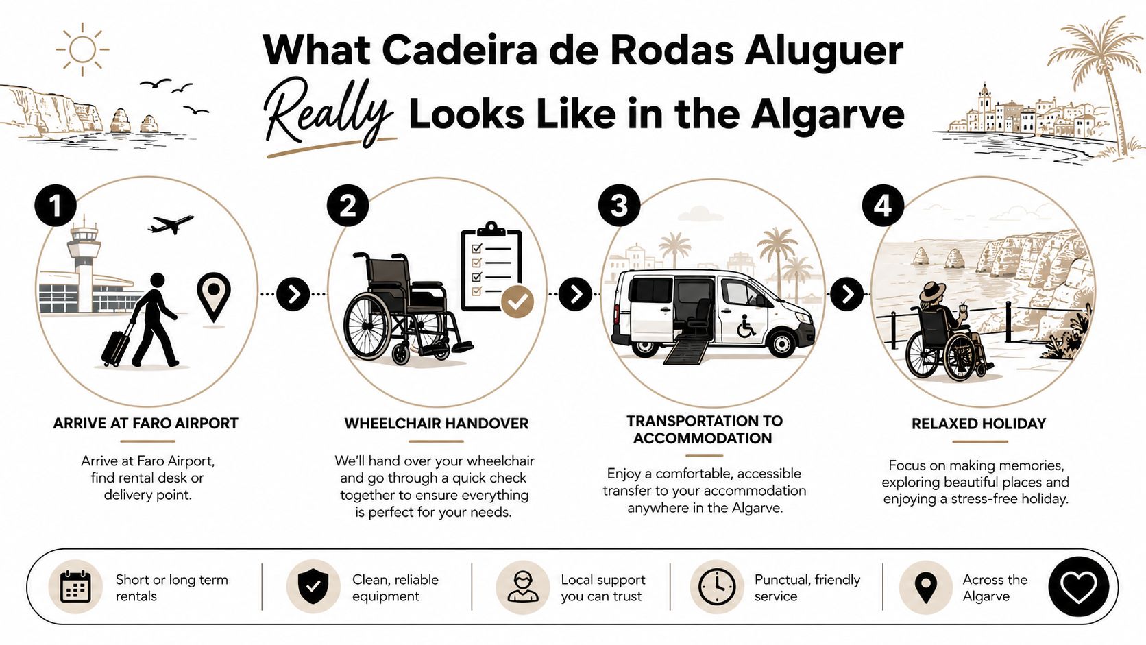 A four-step infographic showing how to rent a wheelchair at Faro Airport for a holiday in the Algarve.