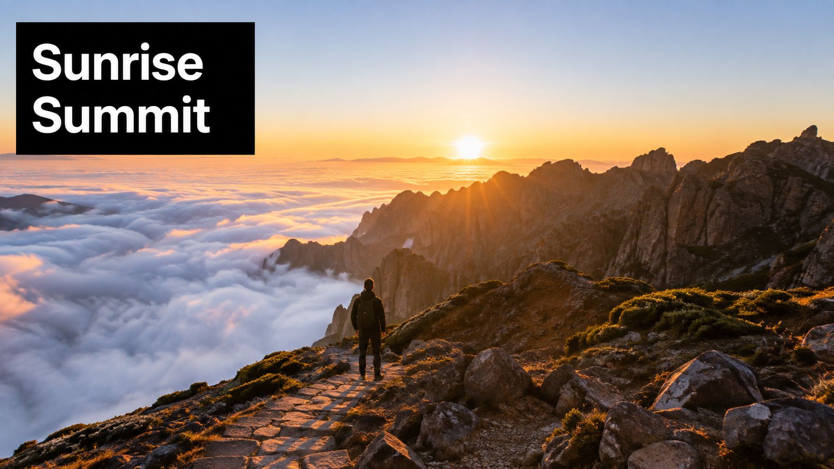 A hiker stands on a rocky mountain path overlooking a sea of clouds during a golden sunrise.