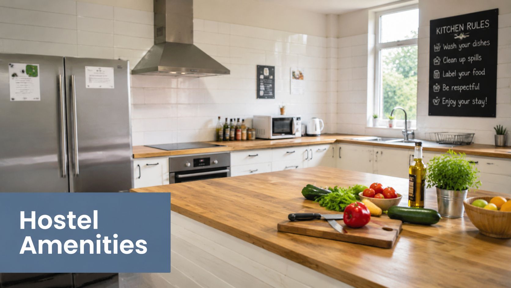 A modern, bright communal kitchen with stainless steel appliances, a wooden island, and fresh produce on display.