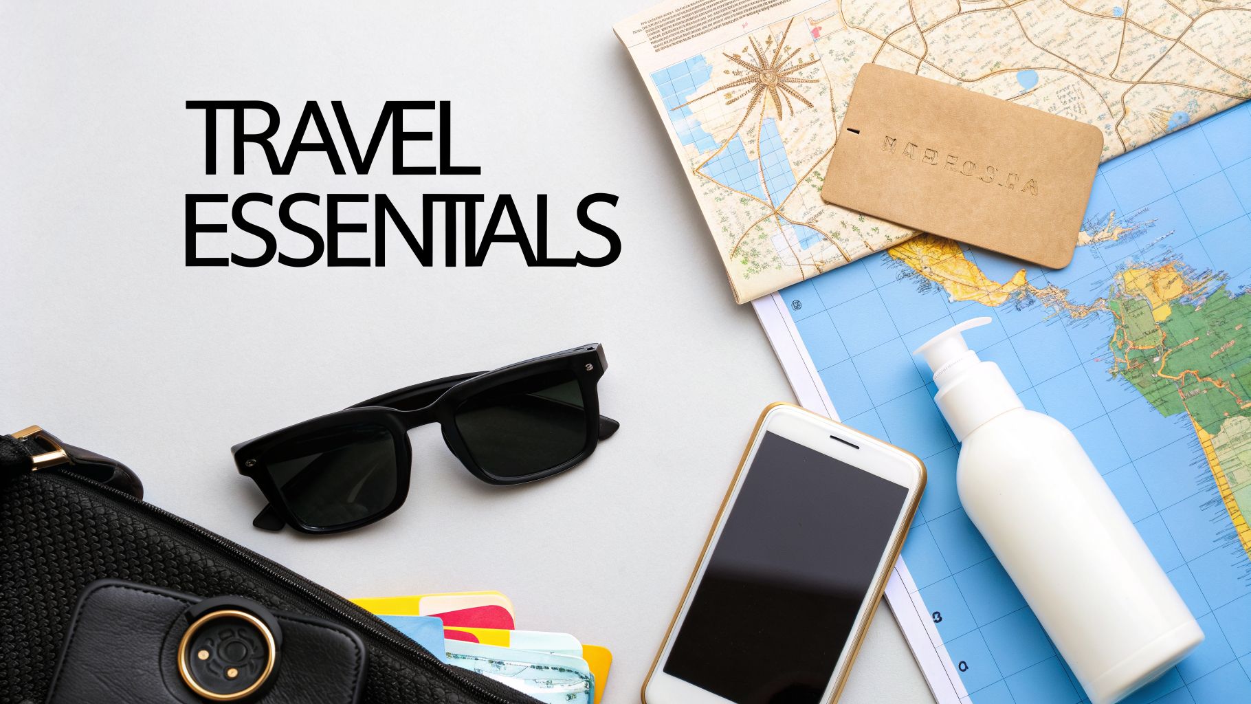A flat lay of travel essentials, including a map, sunglasses, smartphone, lotion, and luggage tag.