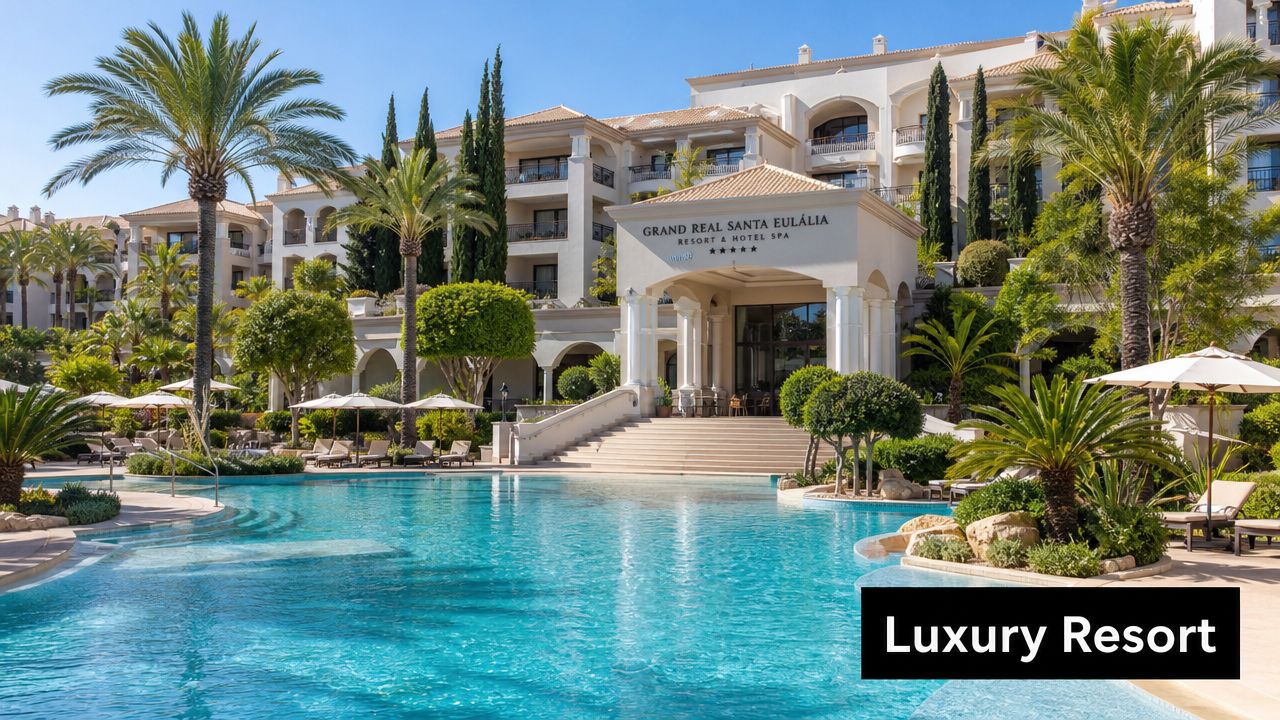 A luxurious resort hotel with a large outdoor swimming pool surrounded by palm trees and landscaping.